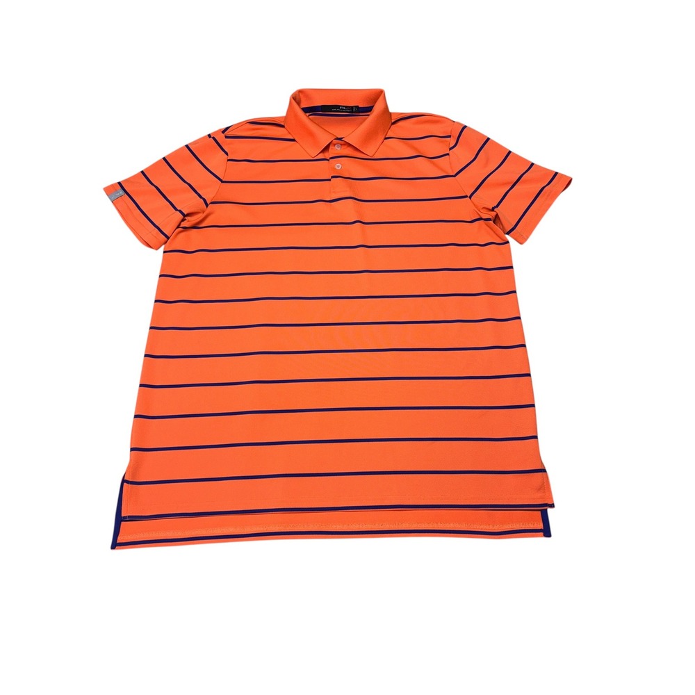 RLX Ralph Lauren Mens Large Orange Navy Blue Striped Performance Golf Polo Shirt